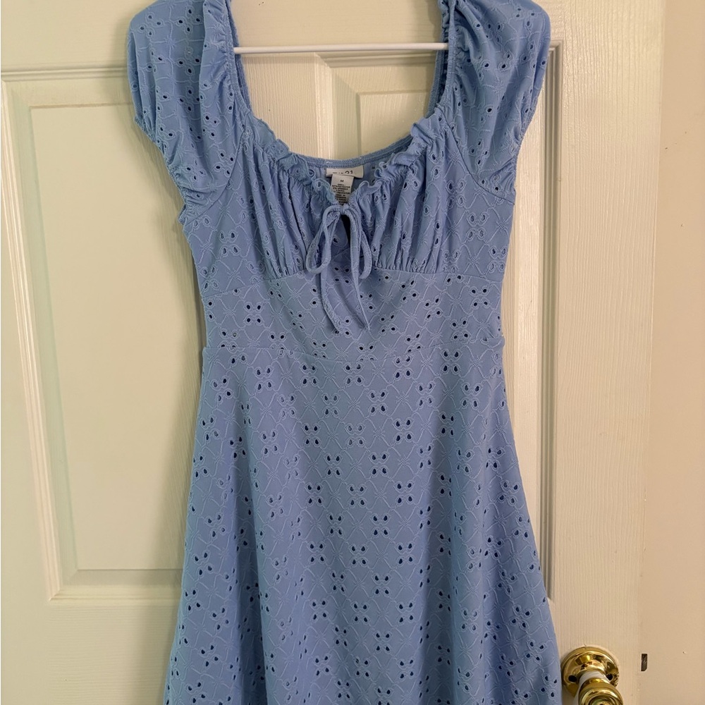 Blue Sundress with Puff Sleeves and Scoop Neck